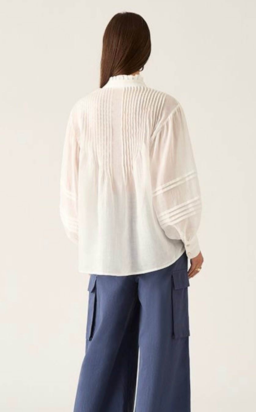 Back view of Aaliyah Blouse ivory with pleated shoulders and blouson sleeves