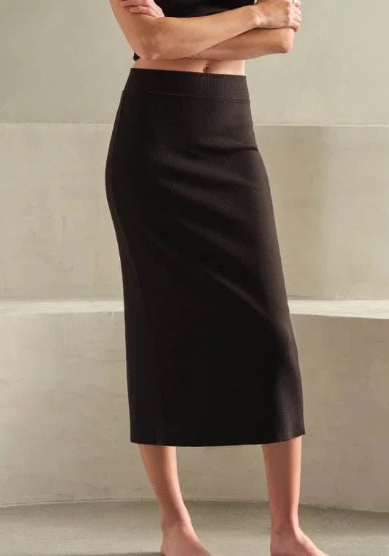 Black Back Slit LuxRib Midi Skirt made of ribbed Supima cotton blend with rear slit for easy movement