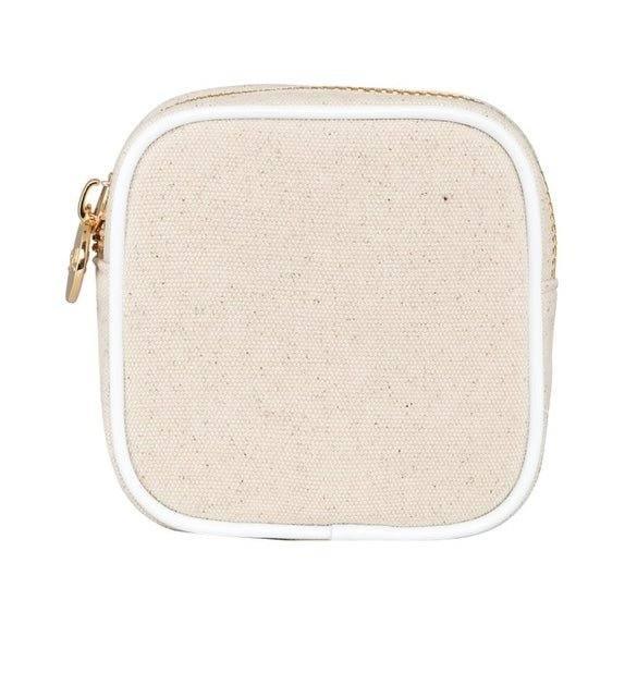Small natural canvas mini pouch with vegan leather trim and gold zipper closure