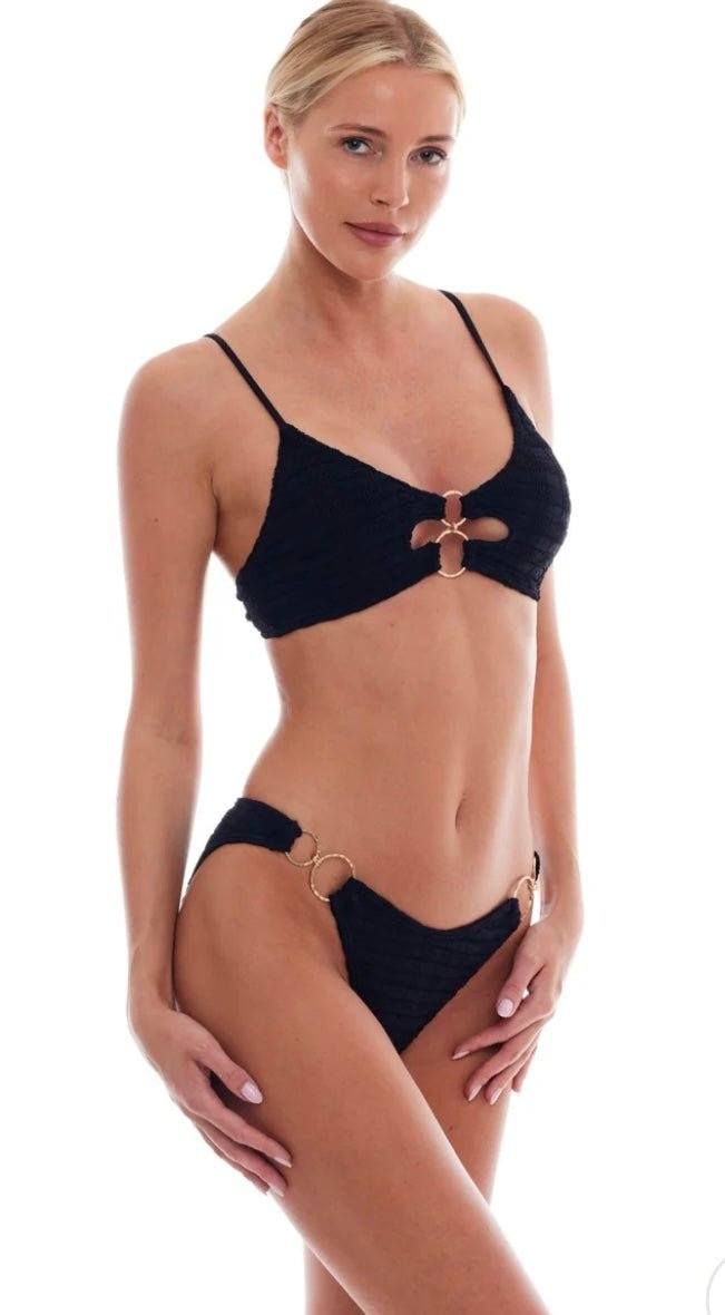 Love & Bikinis Dubai Squares black bikini set with gold ring accents and adjustable straps