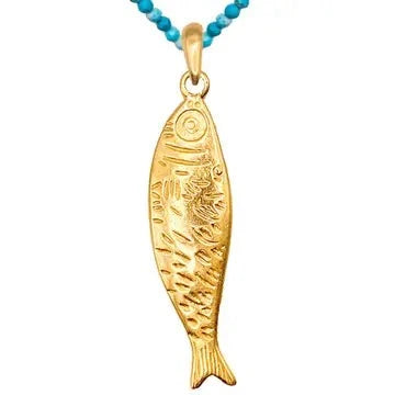 Gold mini fish pendant necklace with blue beaded chain