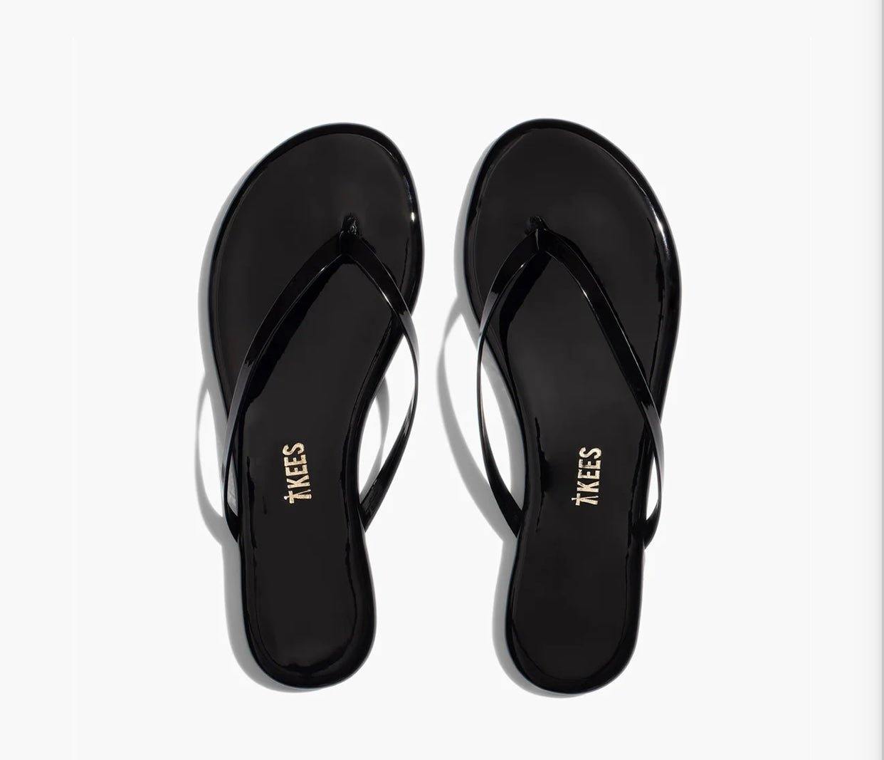 Gloss Licorice TKEES black glossy patent leather flip flop sandals with cushioned insole and rubber outsole