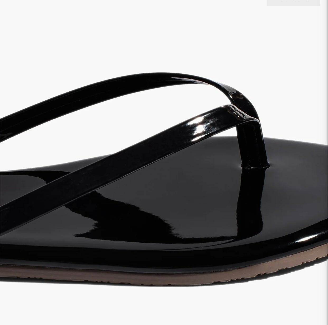 Gloss Licorice patent leather TKEES flip flop with cushioned insole and rubber outsole