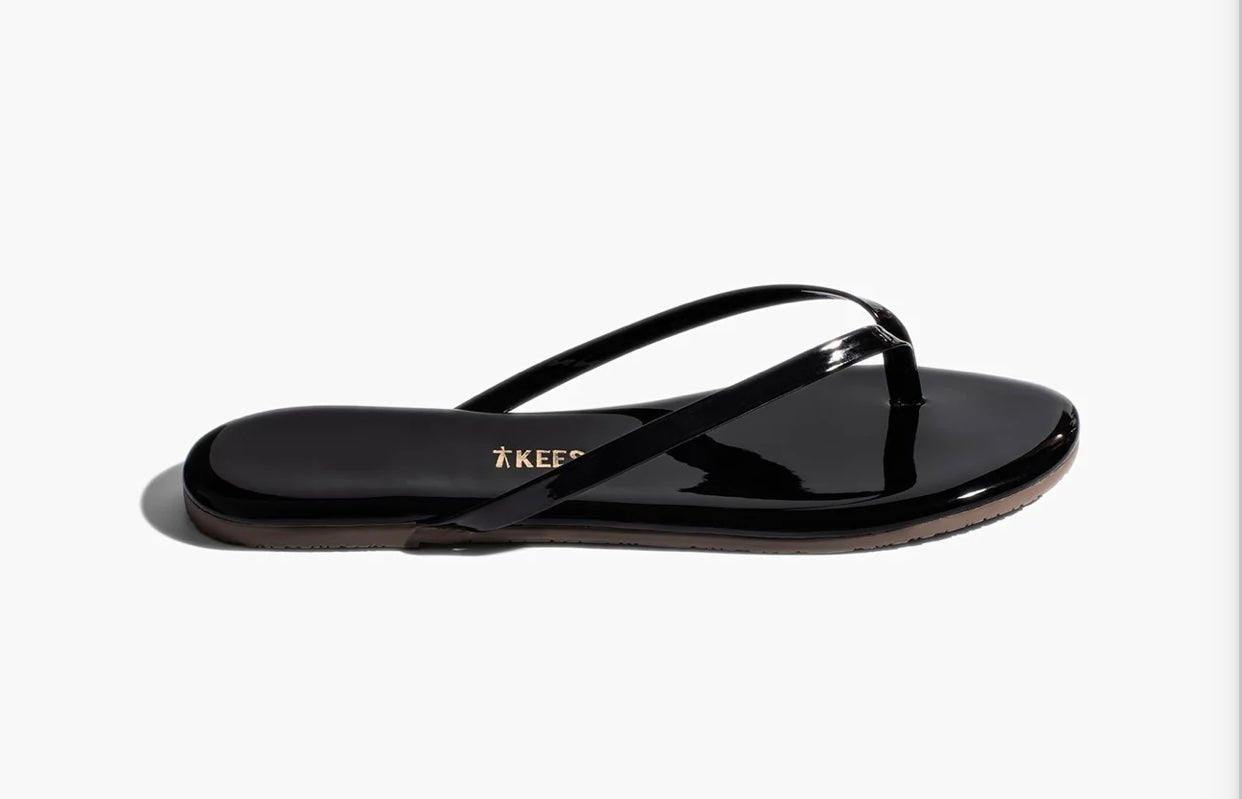Gloss Licorice TKEES glossy black patent leather flip flop sandal with cushioned insole and rubber outsole