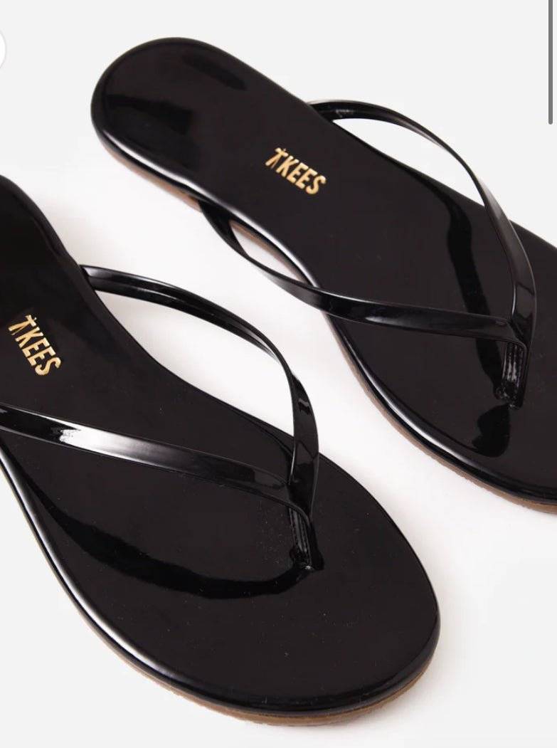 Gloss Licorice TKEES black glossy patent leather flip flop sandals with cushioned insole
