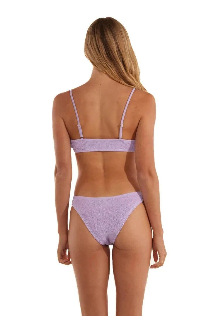 Back view of woman wearing Ibiza Lilac LOVE&BIKINIS one-size bikini with adjustable straps and v-neck embellishment