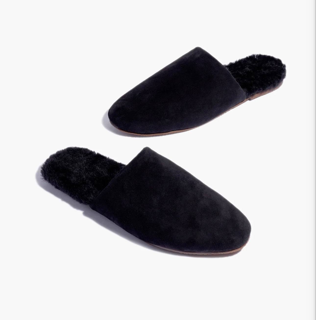 Ines Sherling Noir suede slide-on mule slippers with shearling insole and rubber outsole