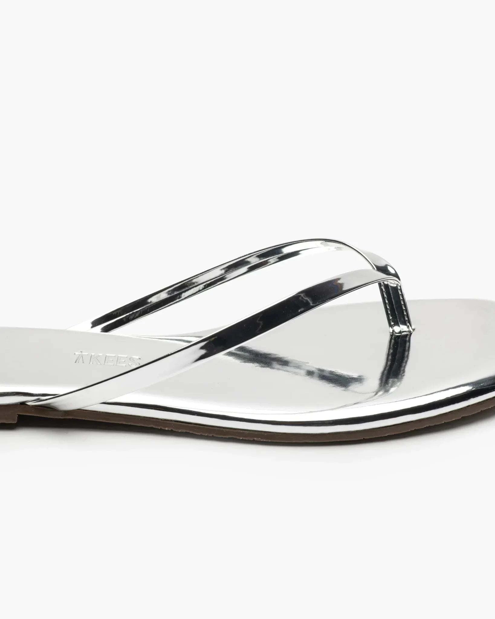 Silver mirrored Lily Square Toe flip-flop sandal with modern square toe design