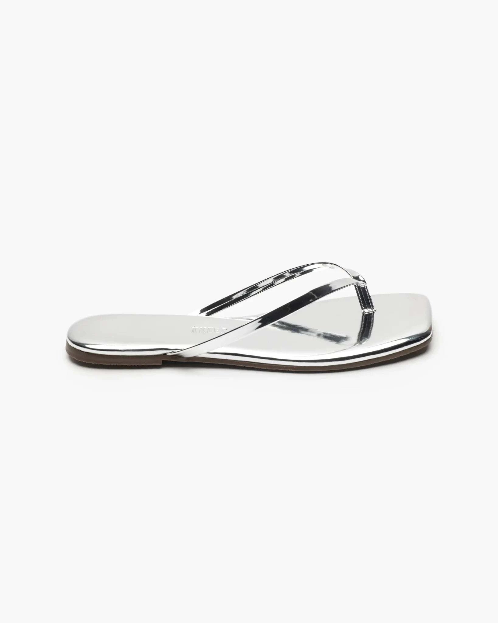 Silver mirrored Lily Square Toe flip-flop sandal with contemporary square toe design