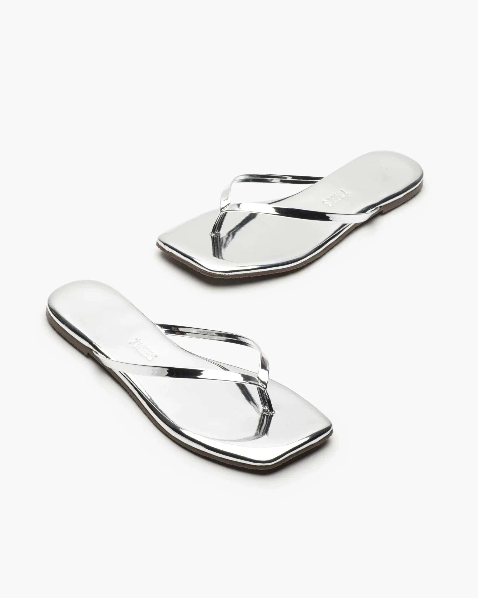 Silver mirrored Lily Square Toe flip-flop sandals with modern square toe design