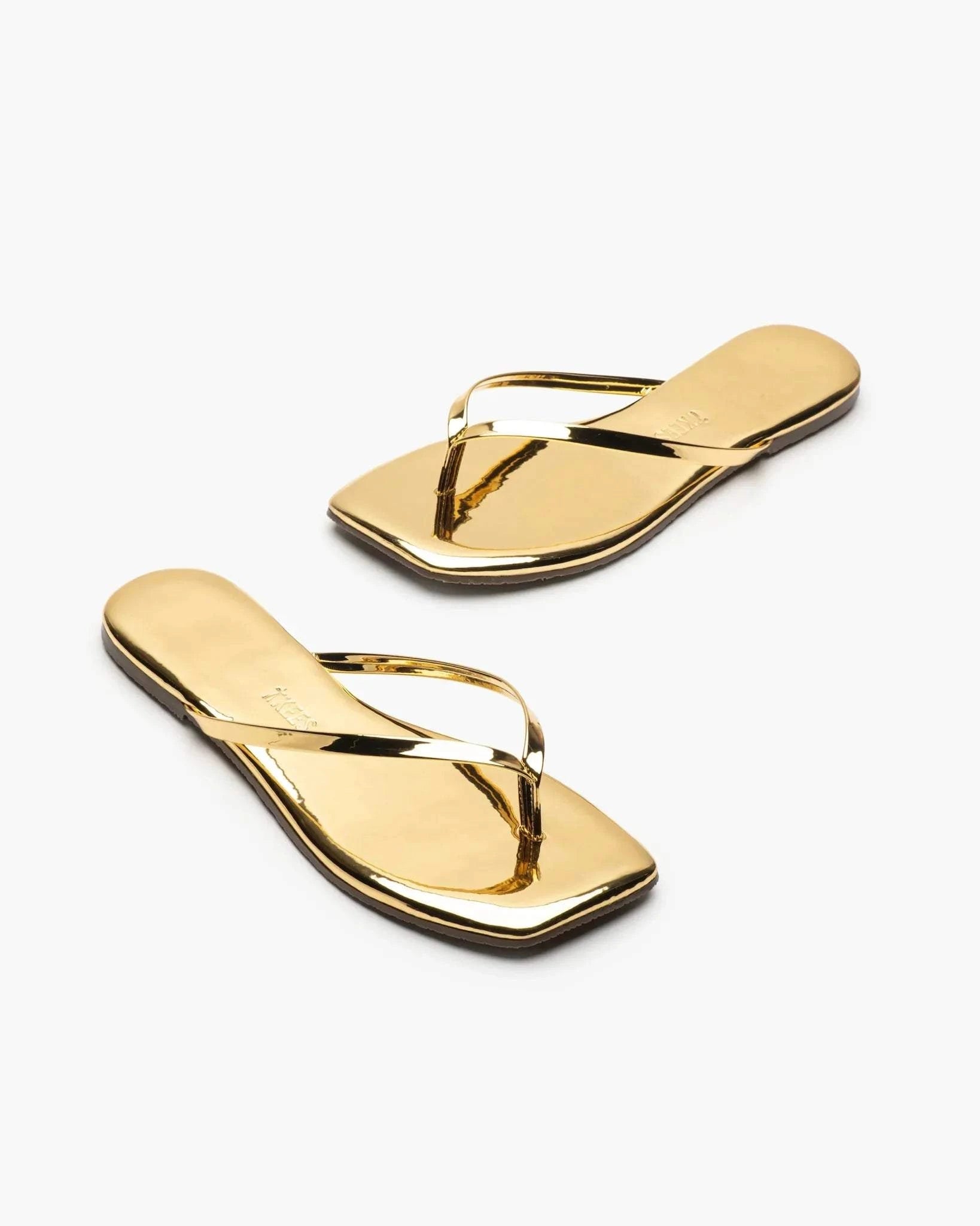 Lily Square Toe gold mirrored flip-flop sandals with contemporary square toe design