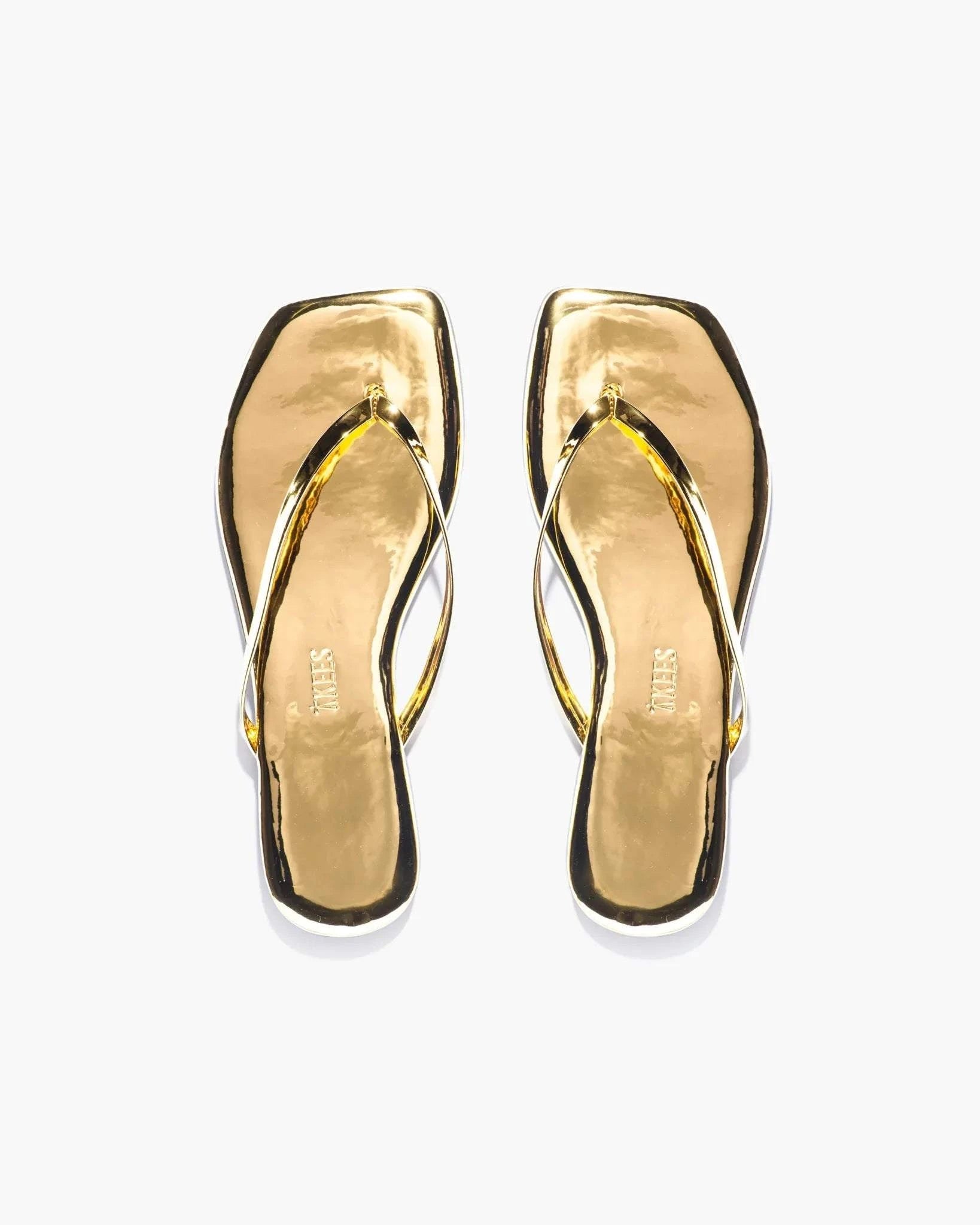 Lily Square Toe gold mirrored flip-flop sandals with contemporary square toe design