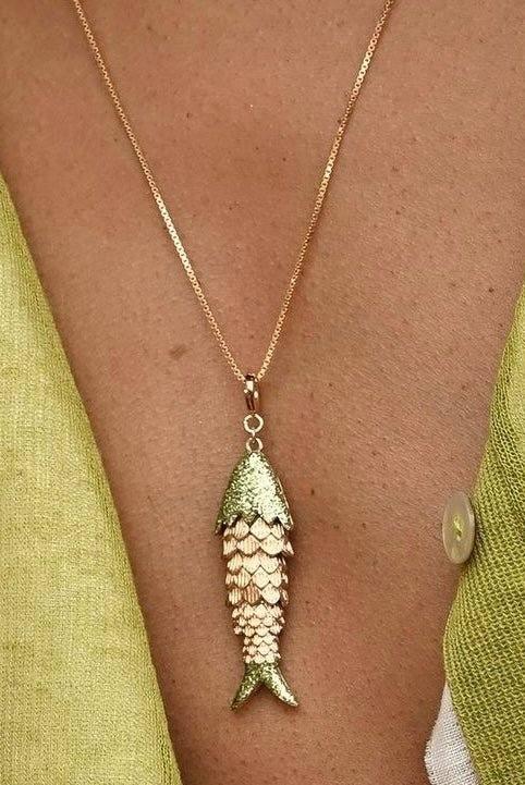 Gold plated sterling silver Lucky Necklace with fish pendant worn on neck