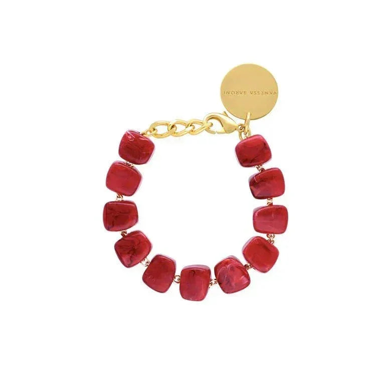 Organic shaped red marble beads bracelet with gold chain and tag
