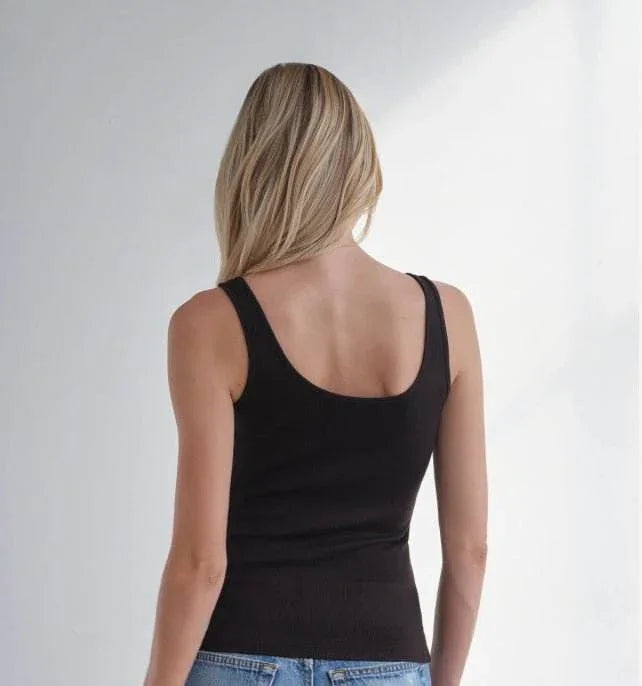 Woman wearing black MiniRib Tank made from soft ribbed Supima cotton blend fabric, back view