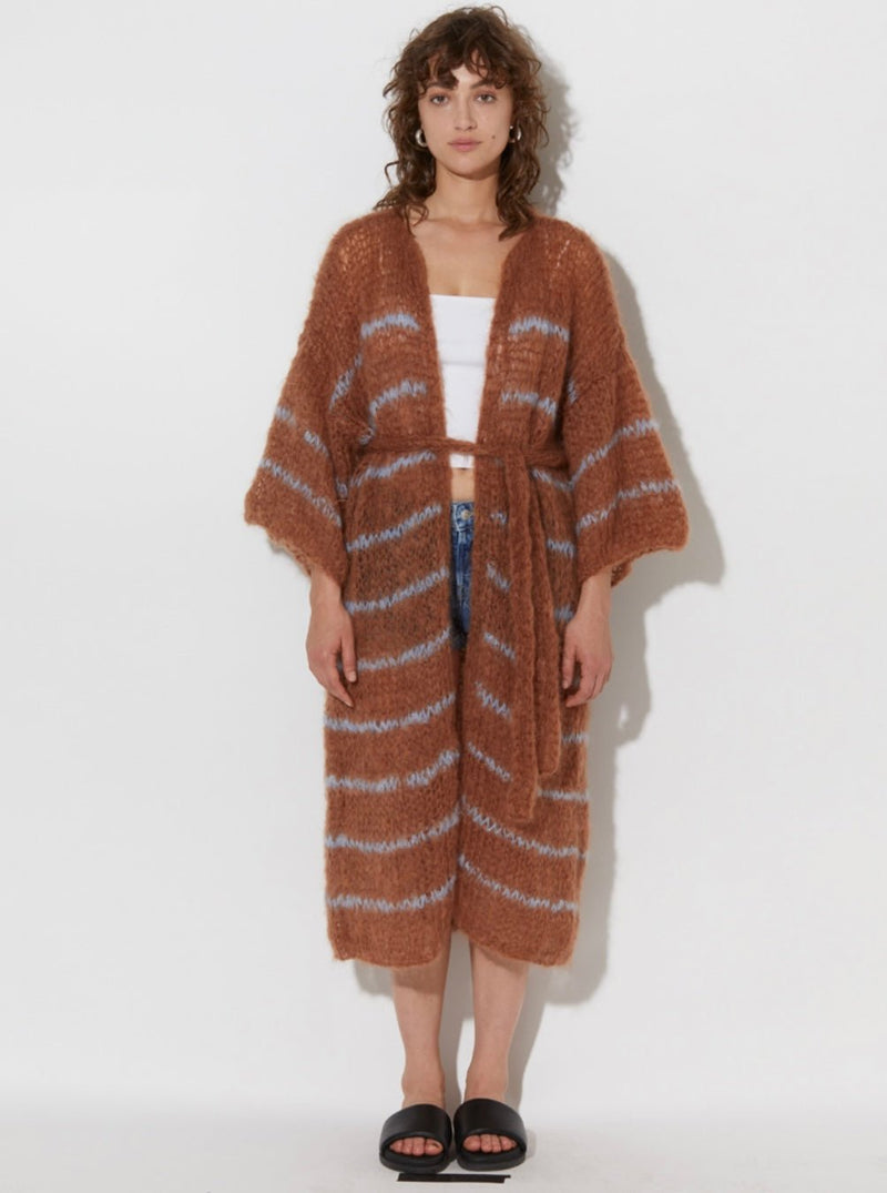 Mohair Coat Breton Stripe Camel&Baby Blue MAIAMI - The Poolclub Monaco