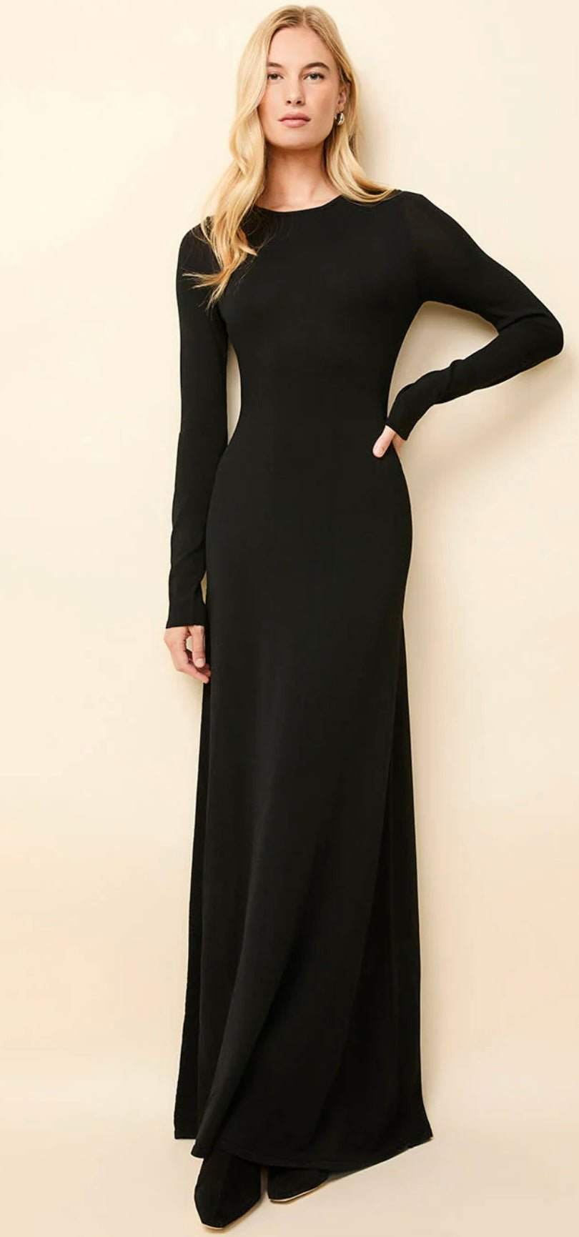 The Dora Noir black ribbed midi dress with crew neck and A-line silhouette