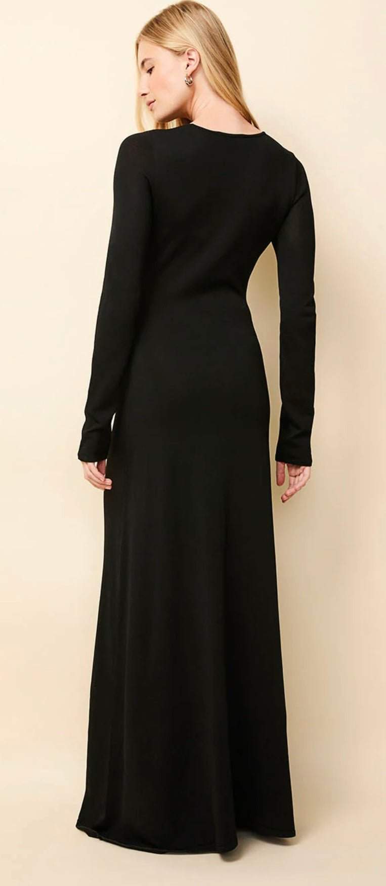 The Dora Noir solid black ribbed midi dress with crew neck and A-line silhouette by SOLID&STRIPED