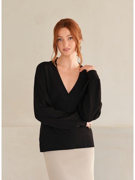 V - Neck Lux Terry Top Noir MYLES PRICE - The Poolclub Monaco